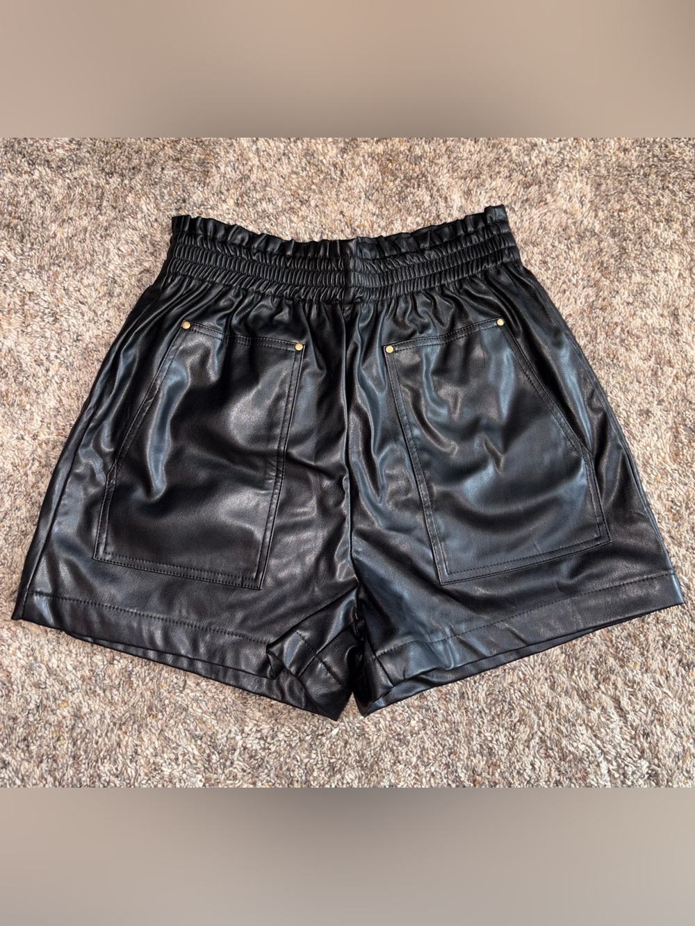 Promesa Black High-Rise Faux Leather Shorts with Gold Accent Studs